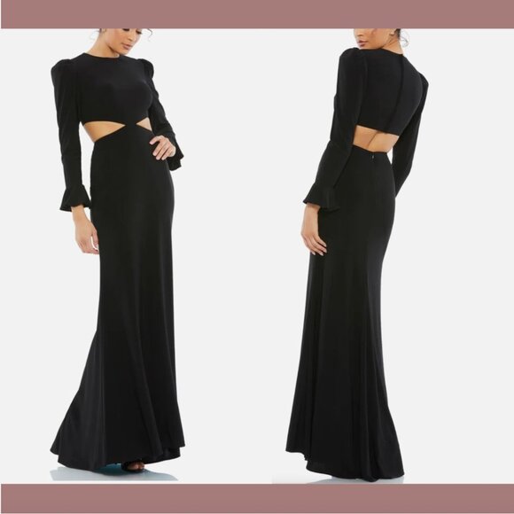 NWT $398 Mac Duggal‎ Long Sleeve Puff Shoulder Cut Out Gown Black [ SZ 6 ] #Q449